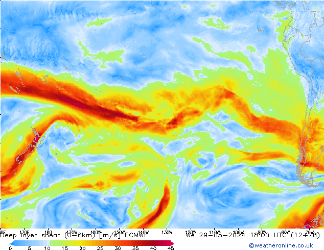 Deep layer shear (0-6km) ECMWF  29.05.2024 18 UTC