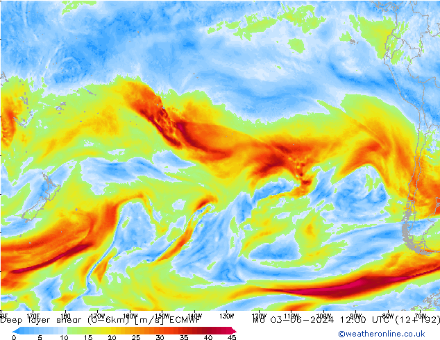 Deep layer shear (0-6km) ECMWF Seg 03.06.2024 12 UTC