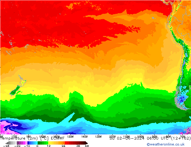 Temperatuurkaart (2m) ECMWF zo 02.06.2024 06 UTC