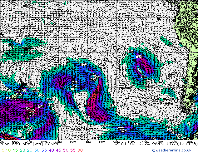 Wind 850 hPa ECMWF za 01.06.2024 06 UTC