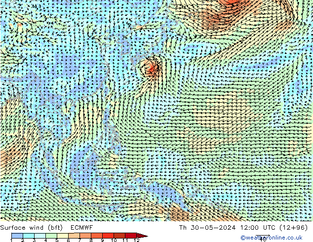 Wind 10 m (bft) ECMWF do 30.05.2024 12 UTC
