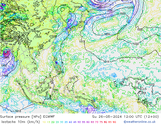 Isotachs (kph) ECMWF Dom 26.05.2024 12 UTC