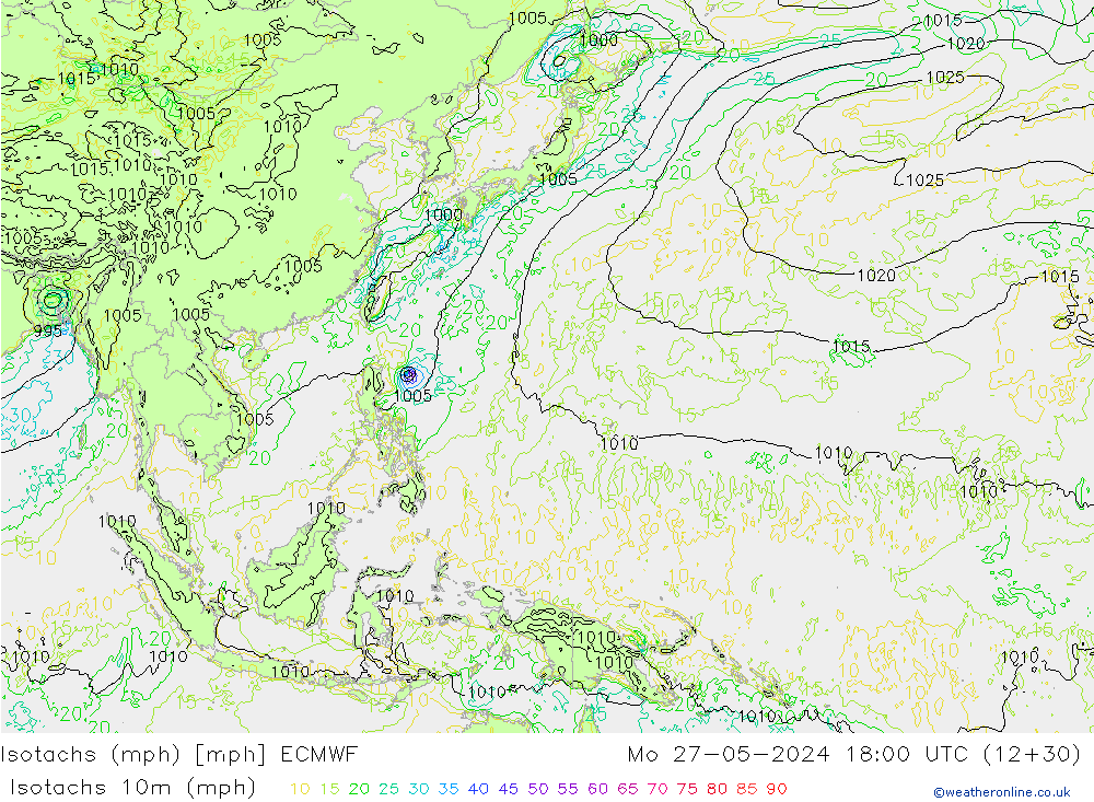 Isotachs (mph) ECMWF пн 27.05.2024 18 UTC