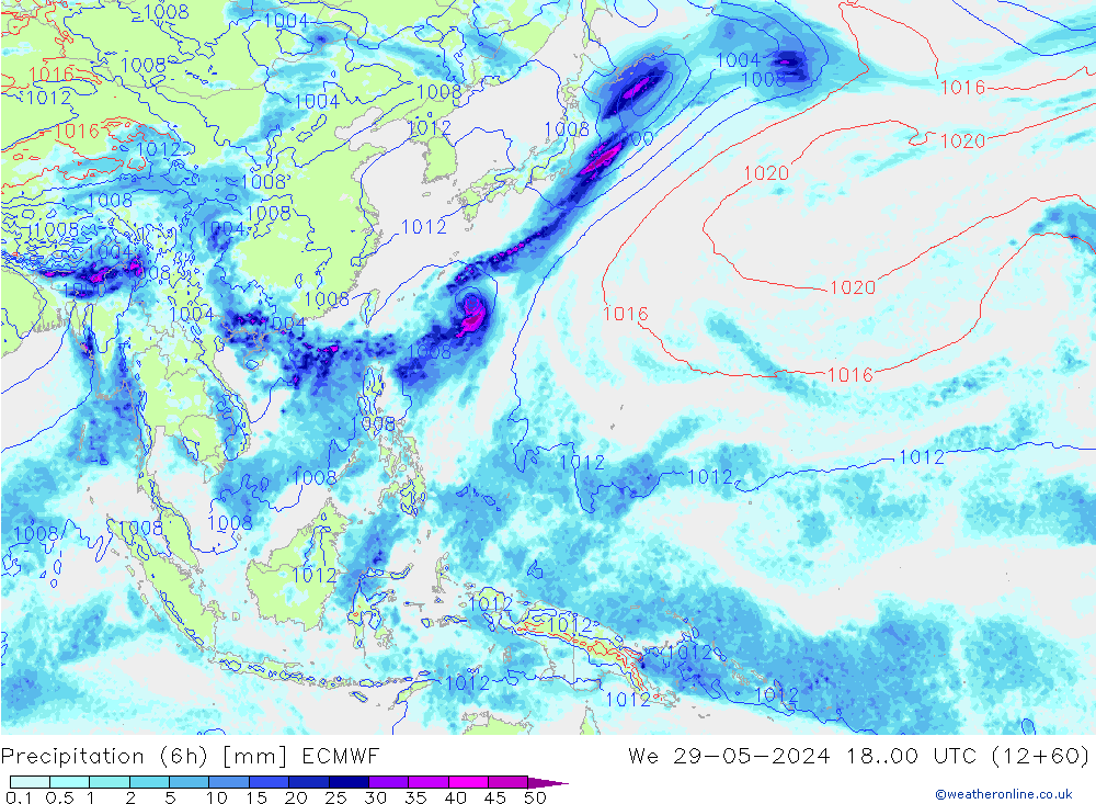 Prec 6h/Wind 10m/950 ECMWF mié 29.05.2024 00 UTC