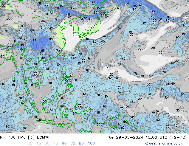 RH 700 hPa ECMWF We 29.05.2024 12 UTC