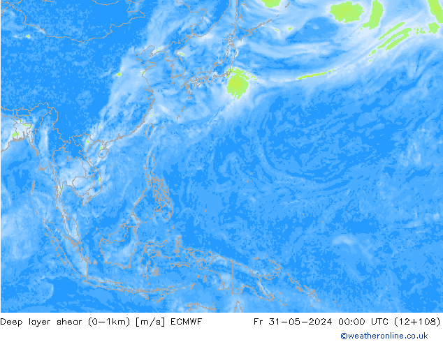 Deep layer shear (0-1km) ECMWF пт 31.05.2024 00 UTC