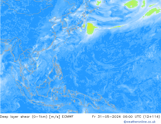 Deep layer shear (0-1km) ECMWF ven 31.05.2024 06 UTC