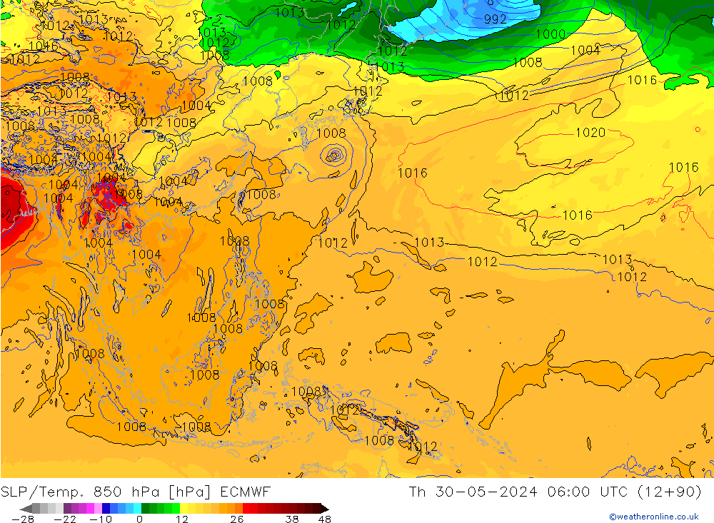 SLP/Temp. 850 hPa ECMWF czw. 30.05.2024 06 UTC