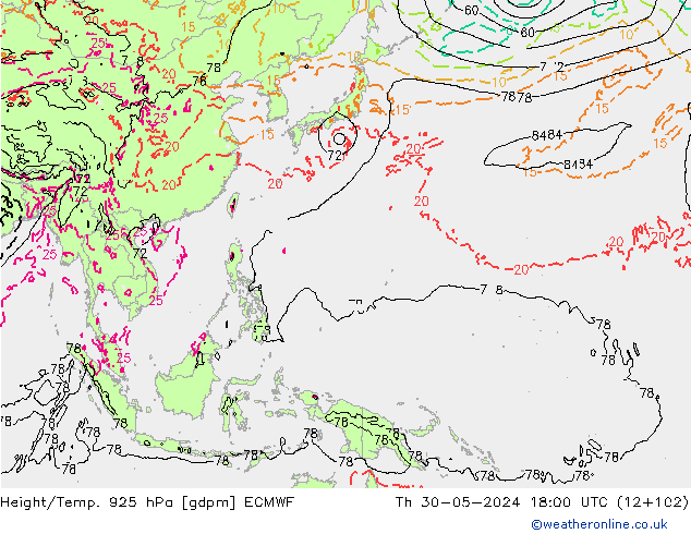 Yükseklik/Sıc. 925 hPa ECMWF Per 30.05.2024 18 UTC