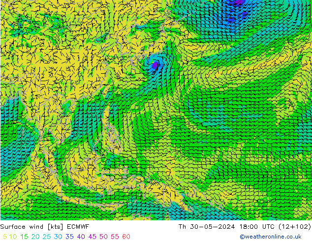 Wind 10 m ECMWF do 30.05.2024 18 UTC