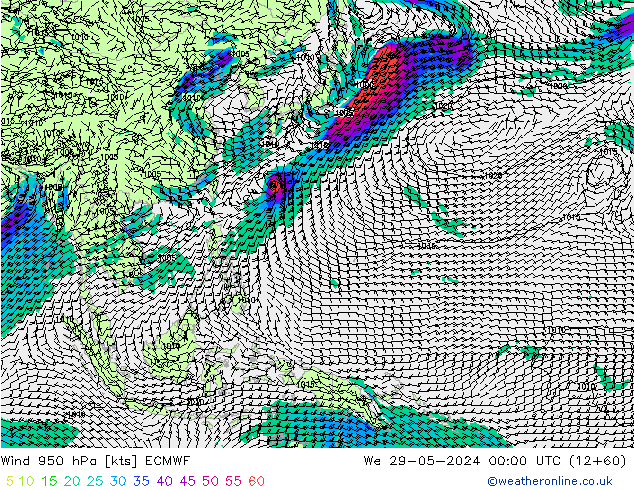 Prec 6h/Wind 10m/950 ECMWF mer 29.05.2024 00 UTC