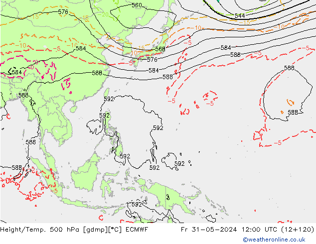 Z500/Rain (+SLP)/Z850 ECMWF Fr 31.05.2024 12 UTC