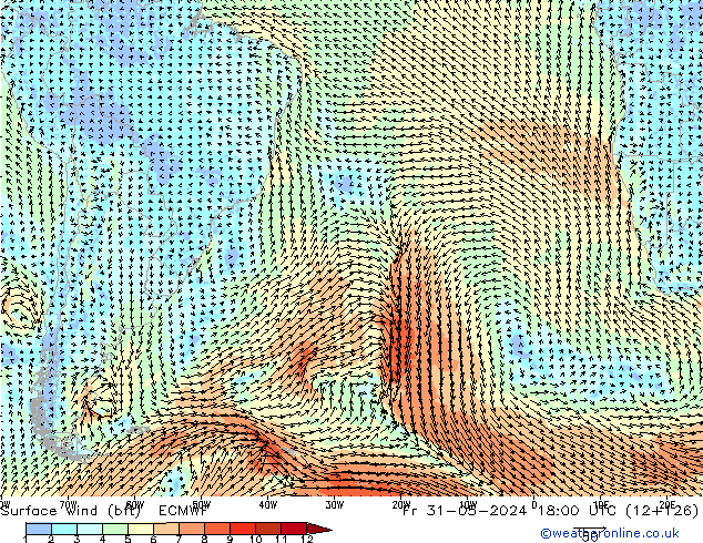 Vento 10 m (bft) ECMWF Sex 31.05.2024 18 UTC