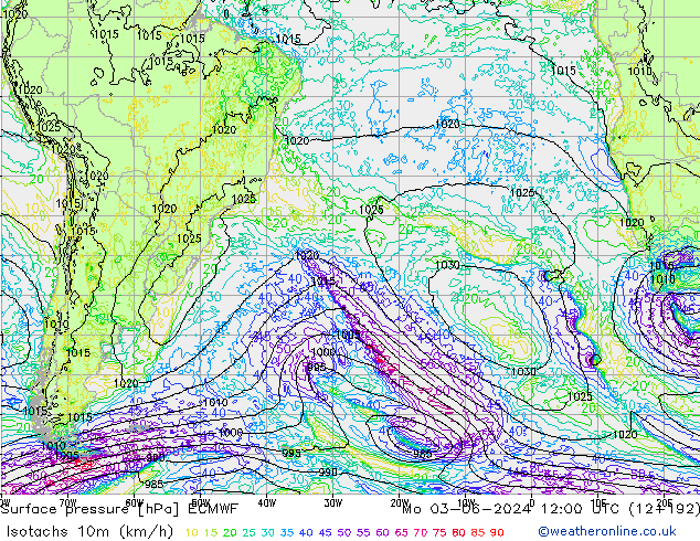 Isotachs (kph) ECMWF lun 03.06.2024 12 UTC