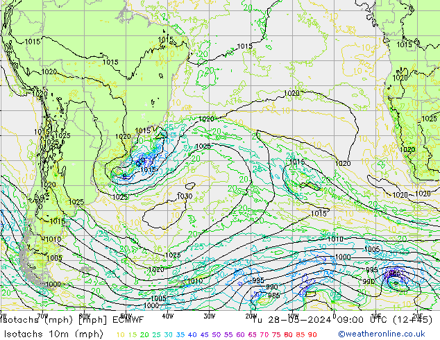 Isotachen (mph) ECMWF di 28.05.2024 09 UTC