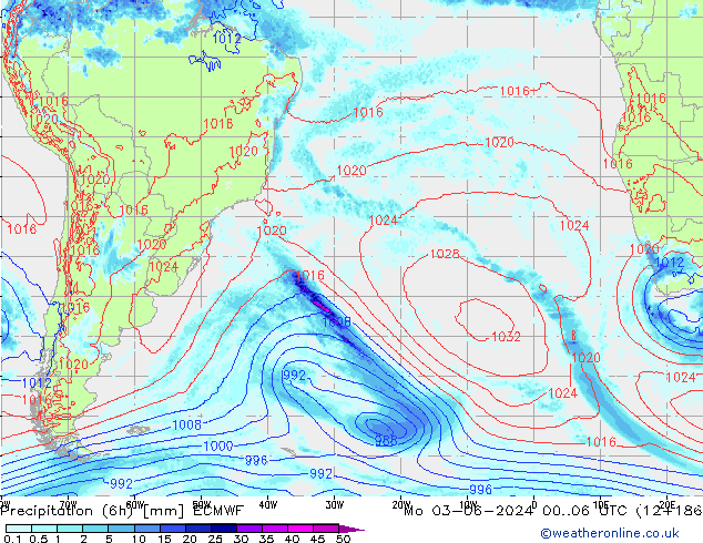 Precipitation (6h) ECMWF Mo 03.06.2024 06 UTC