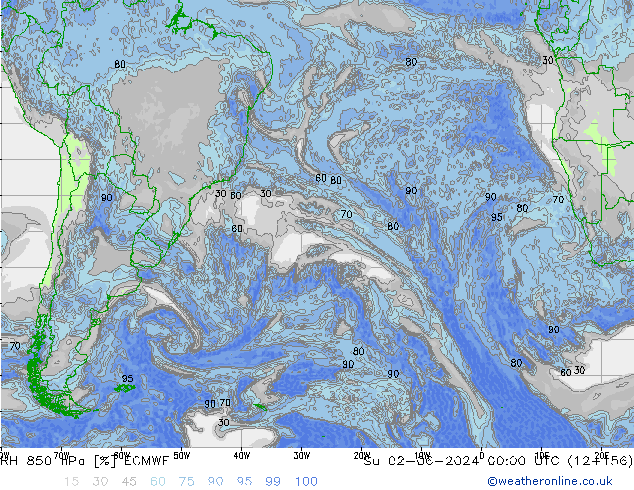 RH 850 hPa ECMWF Dom 02.06.2024 00 UTC