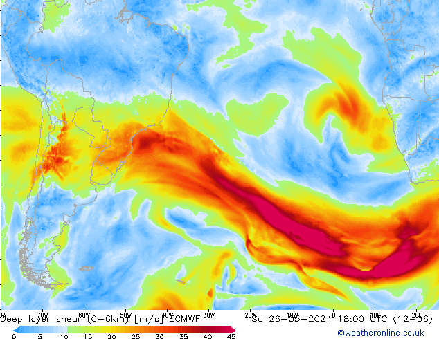 Deep layer shear (0-6km) ECMWF zo 26.05.2024 18 UTC