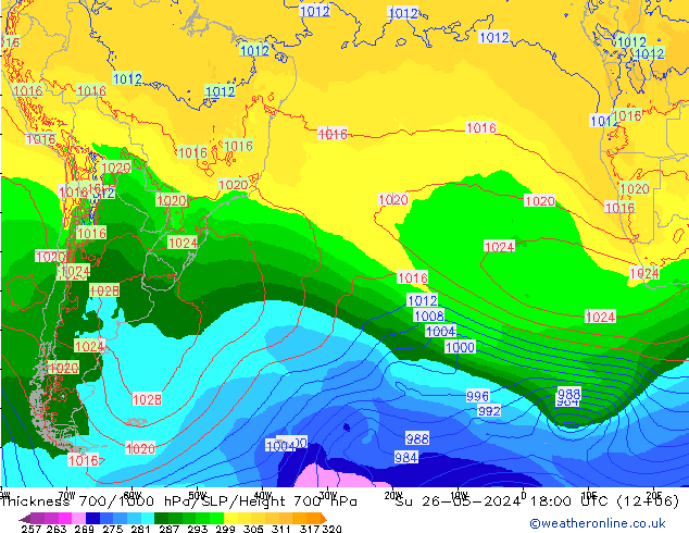 Thck 700-1000 гПа ECMWF Вс 26.05.2024 18 UTC