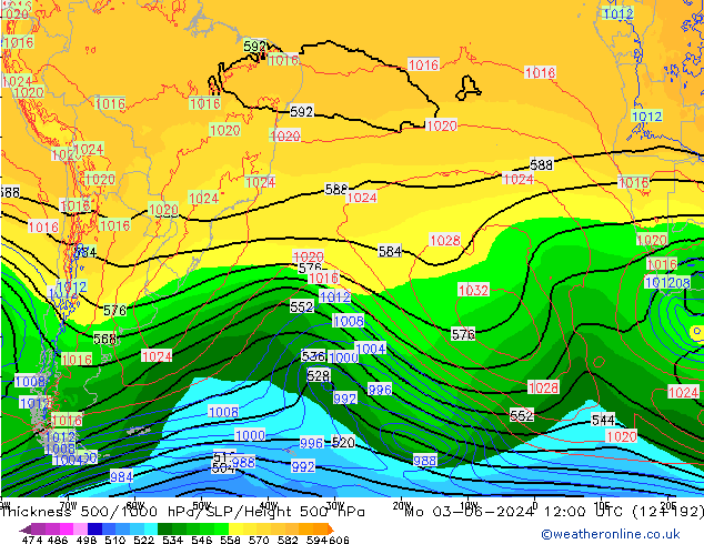 Thck 500-1000гПа ECMWF пн 03.06.2024 12 UTC