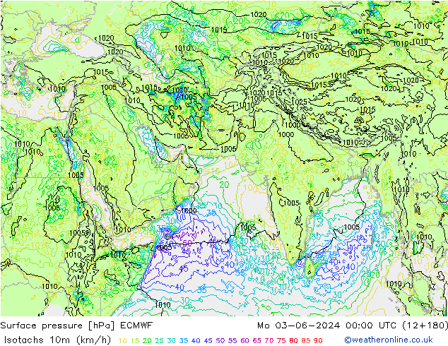 Isotachs (kph) ECMWF lun 03.06.2024 00 UTC