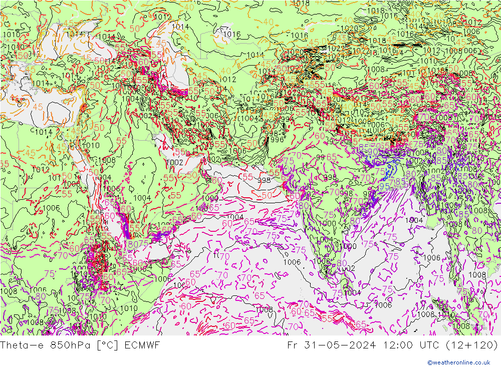 Theta-e 850hPa ECMWF Cu 31.05.2024 12 UTC