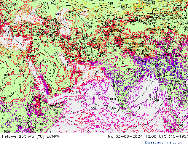 Theta-e 850hPa ECMWF Pzt 03.06.2024 12 UTC