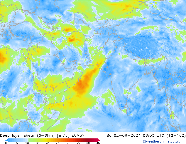 Deep layer shear (0-6km) ECMWF dim 02.06.2024 06 UTC