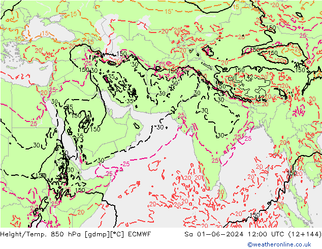 Height/Temp. 850 гПа ECMWF сб 01.06.2024 12 UTC