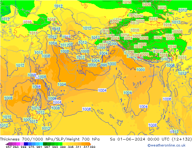 Dikte700-1000 hPa ECMWF za 01.06.2024 00 UTC