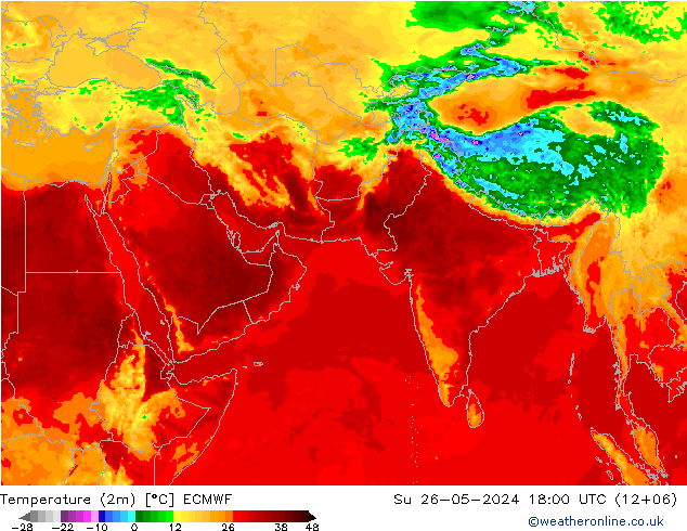 mapa temperatury (2m) ECMWF nie. 26.05.2024 18 UTC