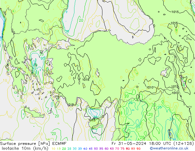 Isotachs (kph) ECMWF Fr 31.05.2024 18 UTC