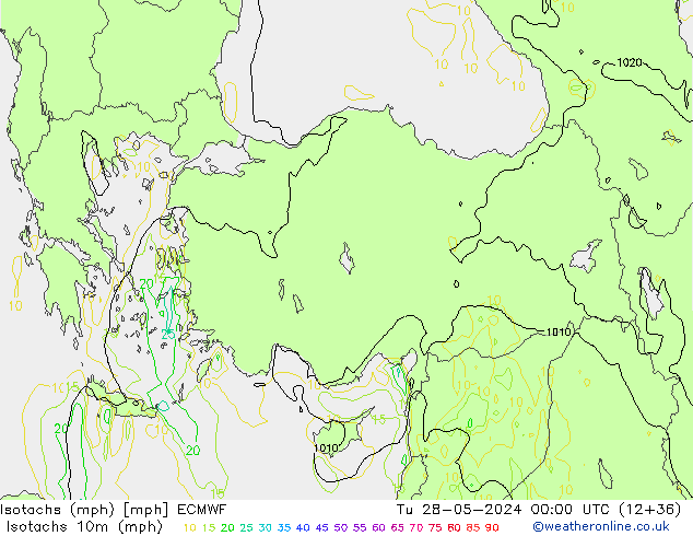 Isotachen (mph) ECMWF Di 28.05.2024 00 UTC