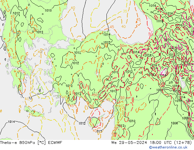 Theta-e 850hPa ECMWF mer 29.05.2024 18 UTC