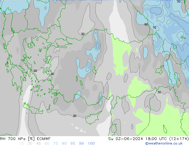 RH 700 hPa ECMWF Su 02.06.2024 18 UTC