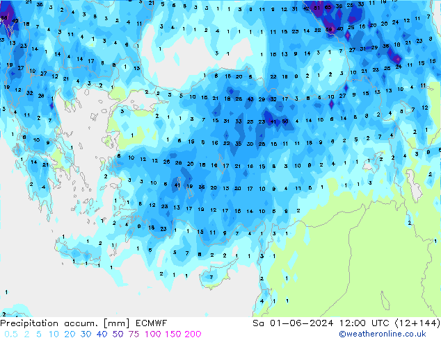 Precipitation accum. ECMWF сб 01.06.2024 12 UTC