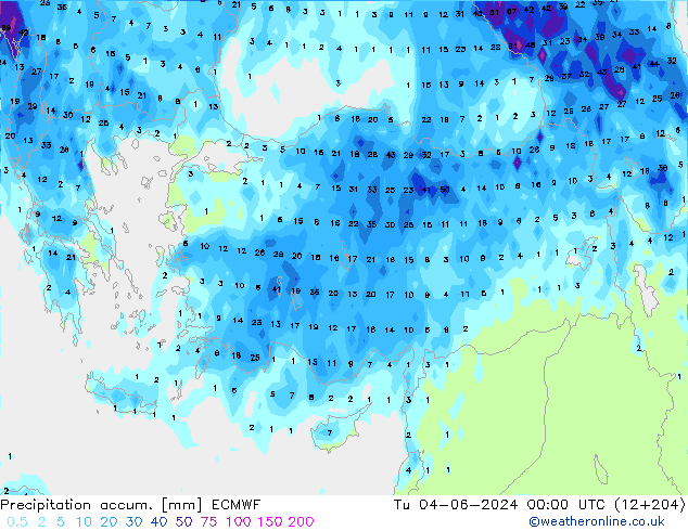 Precipitation accum. ECMWF Út 04.06.2024 00 UTC