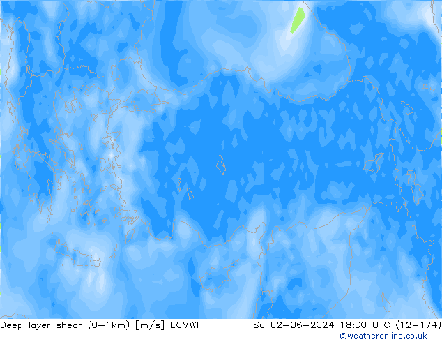 Deep layer shear (0-1km) ECMWF Ne 02.06.2024 18 UTC
