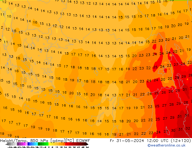 Geop./Temp. 850 hPa ECMWF vie 31.05.2024 12 UTC