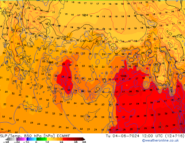 SLP/Temp. 850 hPa ECMWF di 04.06.2024 12 UTC