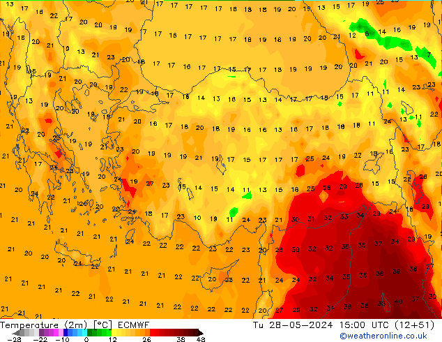 Temperatura (2m) ECMWF mar 28.05.2024 15 UTC