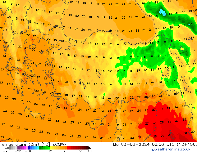 Temperature (2m) ECMWF Mo 03.06.2024 00 UTC