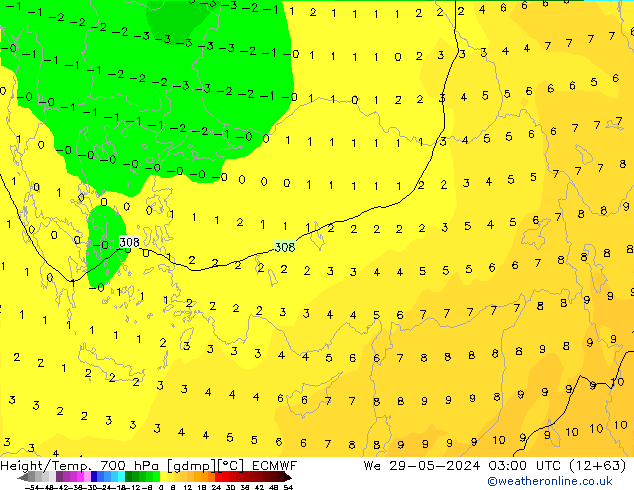 Height/Temp. 700 гПа ECMWF ср 29.05.2024 03 UTC