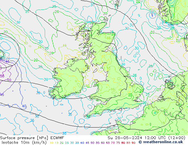 Eşrüzgar Hızları (km/sa) ECMWF Paz 26.05.2024 12 UTC