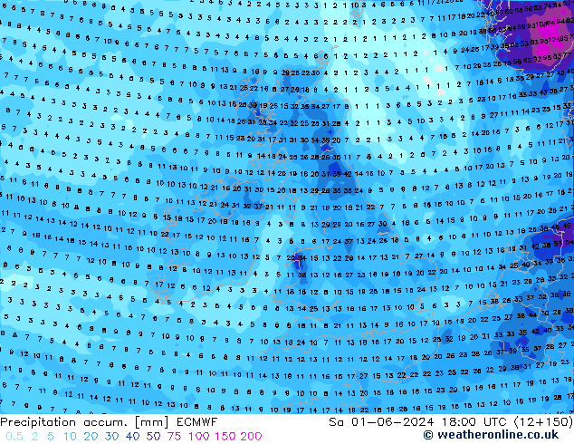 Precipitation accum. ECMWF sab 01.06.2024 18 UTC