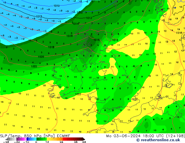 SLP/Temp. 850 hPa ECMWF Mo 03.06.2024 18 UTC