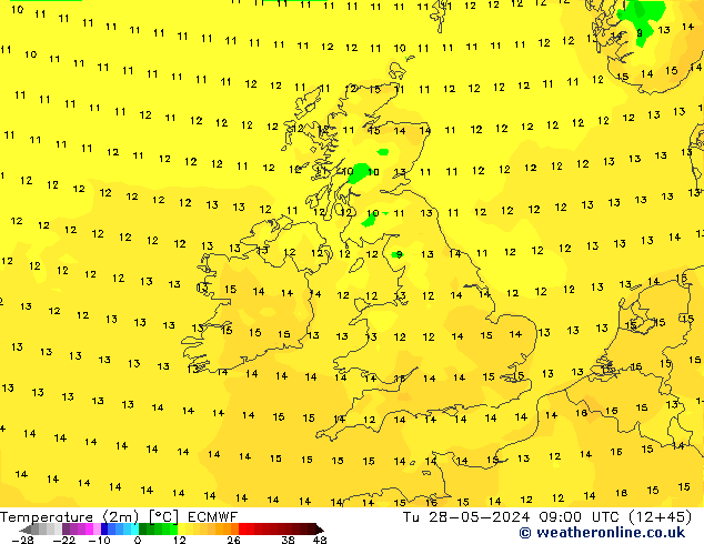 mapa temperatury (2m) ECMWF wto. 28.05.2024 09 UTC