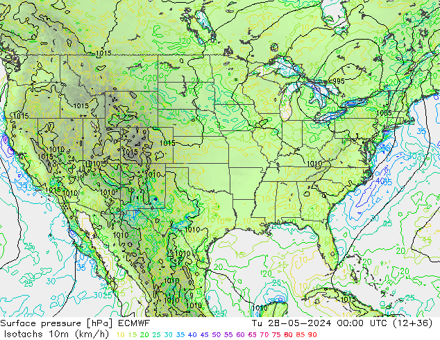 Eşrüzgar Hızları (km/sa) ECMWF Sa 28.05.2024 00 UTC