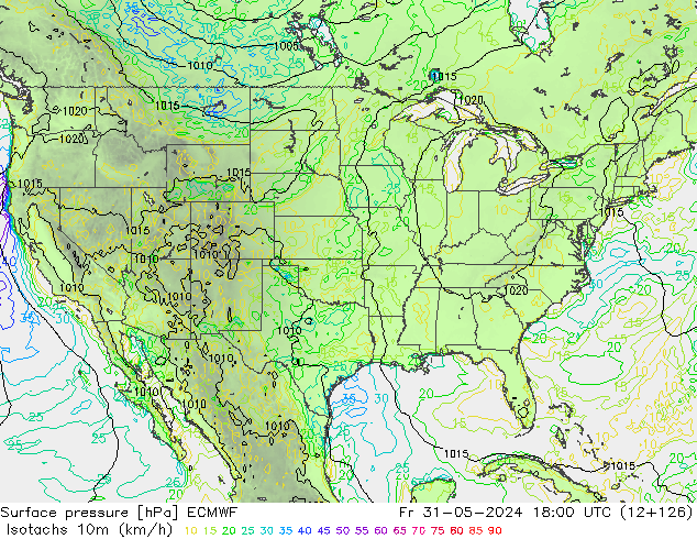 Isotachs (kph) ECMWF пт 31.05.2024 18 UTC