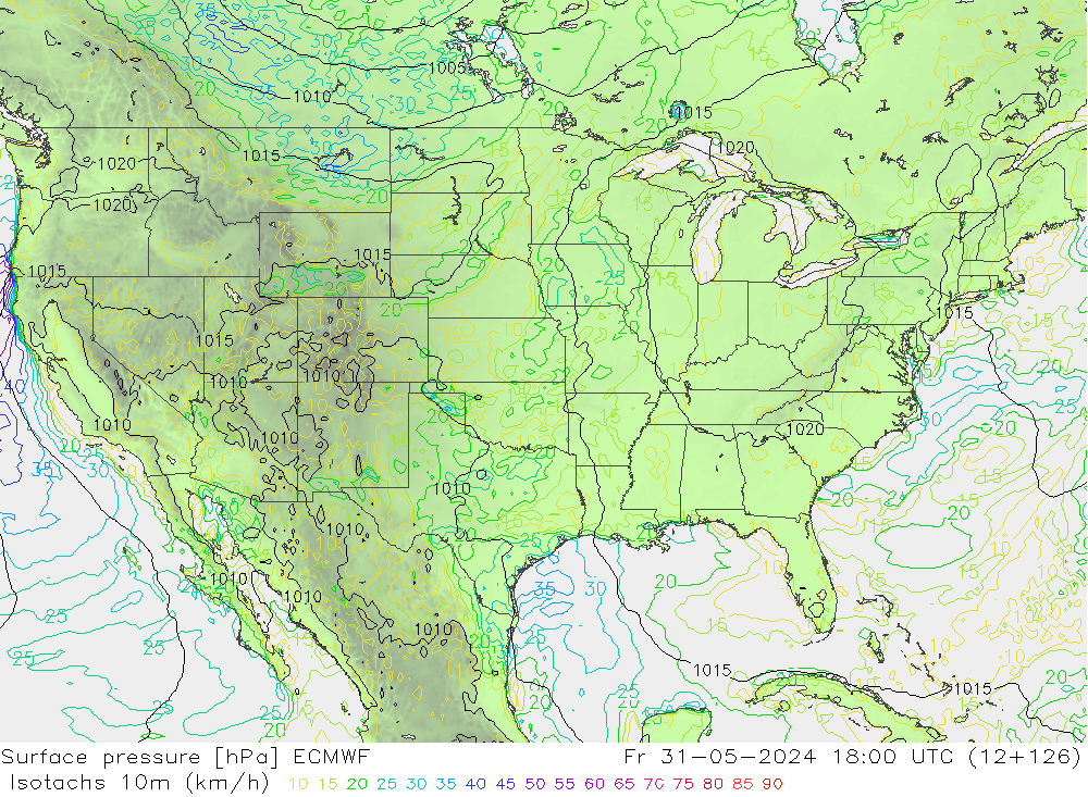 Isotachs (kph) ECMWF Fr 31.05.2024 18 UTC